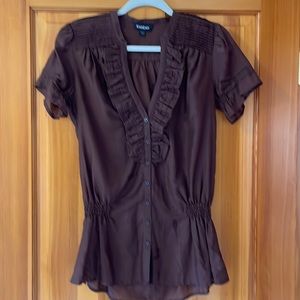 Brown BeBe semi sheer cotton/silk blouse with ruffle and tuck detail, Medium